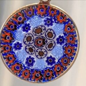 Gold Over Sterling Silver Red And Blue Millefiori Glass Floral Pendant